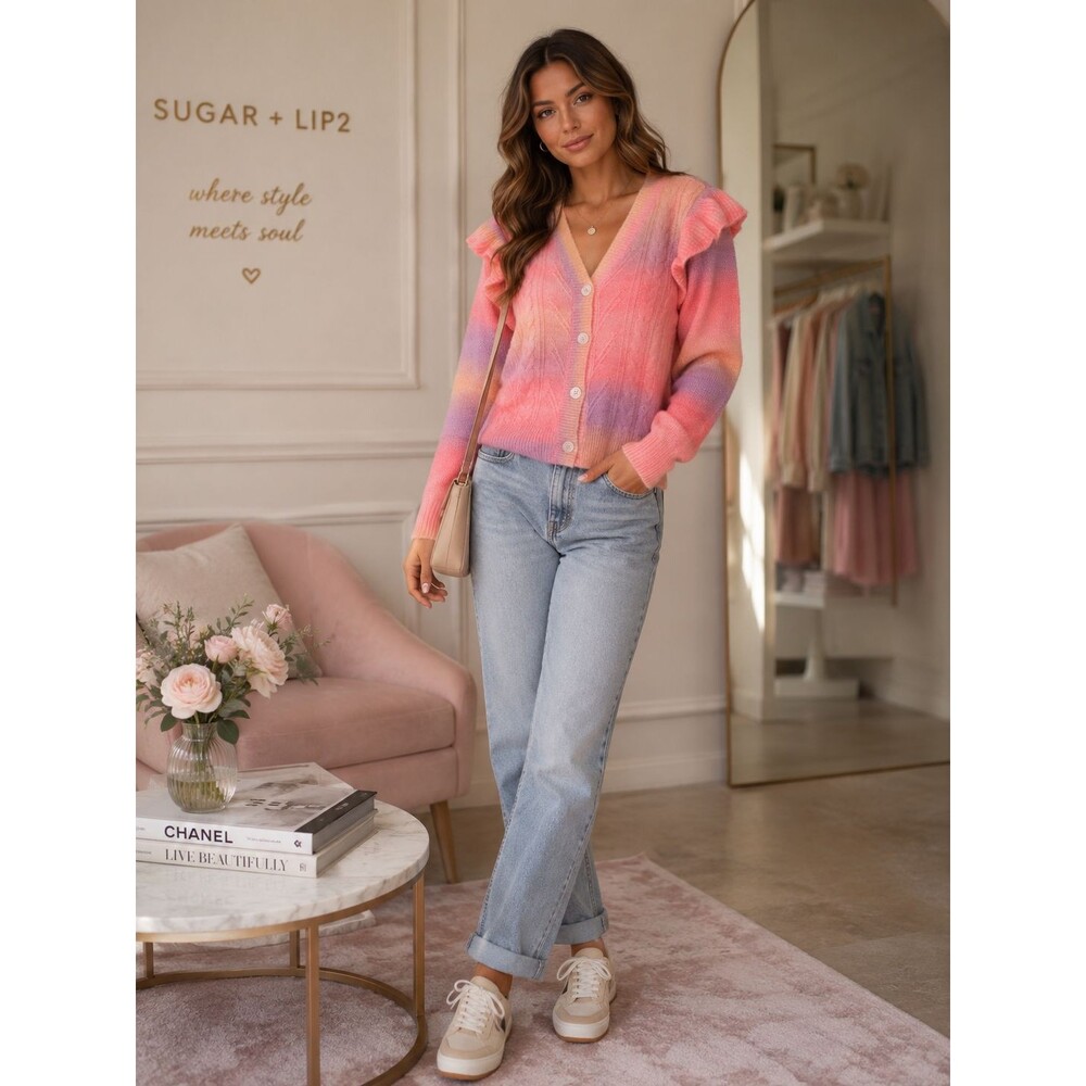 SUGAR + LIPS Womens New Sweater Cardigan Ruffle XS Multicolor Wool Blend STJ8022